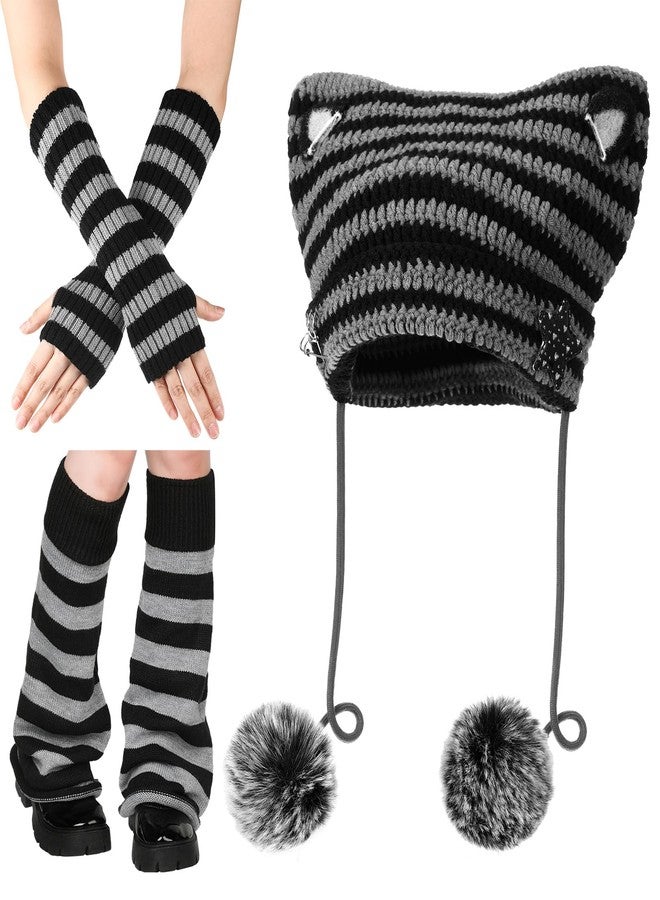 Silicherry Y2k Beanie Cat Crochet Hats Cat Beanie Accessories with Kawaii Leg Cover for Women Girls(Black,Gray,Classic) - Image 1